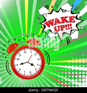 Alarm clock with comic bubble with wake up word on halftone background. Retro pop art style. Vector illustration. Eps 10. Stock Vector