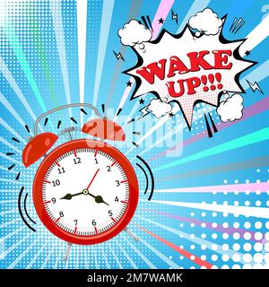 Alarm clock with comic bubble with wake up word on halftone background. Retro pop art style. Vector illustration. Eps 10. Stock Vector