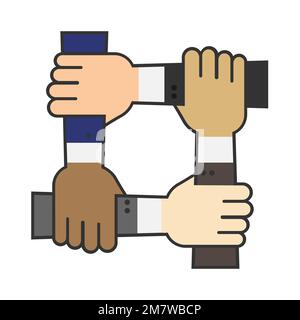 Four hands hold together for the wrist other. Four connected hands. Symbol for togetherness. isolated on white background. Vector illustration. Eps 10 Stock Vector