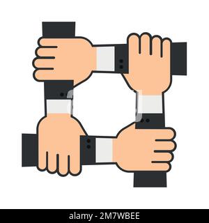 Four hands hold together for the wrist other. Four connected hands. Symbol for togetherness. isolated on white background. Vector illustration. Eps 10 Stock Vector