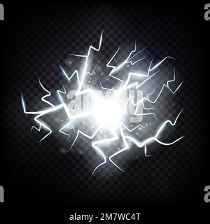 Ball lightning. Thunder isolated on transparent background. Thunderbolt in sky. Electricity blast storm. Electric flash of lightning. Realictick vecto Stock Vector
