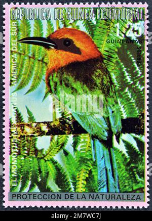 Cancelled postage stamp printed by Equatorial Guinea , that shows Collared Trogon (Trogon collaris), circa 1974. Stock Photo
