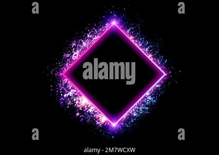 neon square frame is a neon light surrounded by sparkling stars. Stock Photo