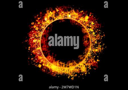 orange flame circle frame on black background Stock Photo