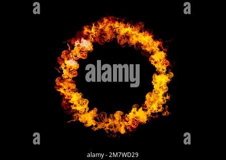 orange flame circle frame on black background Stock Photo