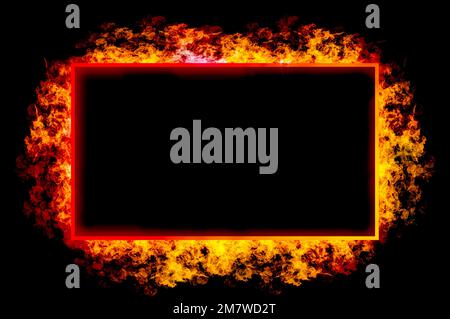 Square frame with orange flames in frame on black background. Stock Photo