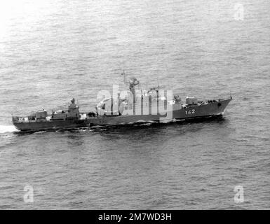 Aerial starboard beam view of a Soviet Koni Class frigate underway. Country: Unknown Stock Photo