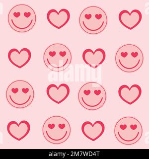 Pink girly y2k retro seamless pattern with smile emoticons and hearts. Valentines day, gift wrap, love pattern. Stock Vector