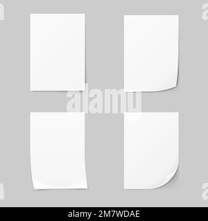 Realistic Collection white sheet of paper. A4 format paper set. 3d Vector illustration .Isolated on background. Stock Vector