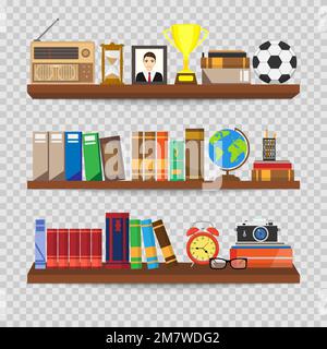 Book shelf. Bookstore indoor. Bookshelves with different books set. Home library interior. Reading and learning, knowledge and education.isolated on t Stock Vector