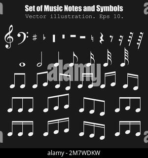 Set of many various notes and symbols. Collection musical symbol. Music Notes isolated on black background. Vector illustration. Eps 10. Stock Vector