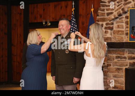 Brig. Gen. John Pippy was ceremoniously pinned to his current rank by his wife and daughter at Fort Indiantown Gap on May 14, 2022.  Pippy is concurrently assigned as the land component commander of the Pennsylvania National Guard and the deputy chief of engineers for National Guard affairs at the U.S. Army Corps of Engineers Headquarters.  His previous assignments included command of the 55th Maneuver Enhancement Brigade and the FEMA Region 3 Homeland Response Force. Stock Photo