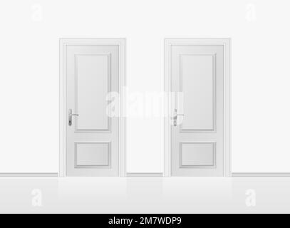 Two white closed doors isolated on white background. Realistic vector illustration. Stock Vector