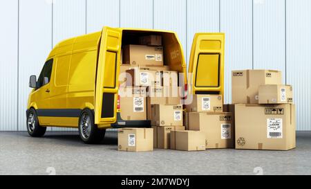 Stack of cardboard boxes standing near open cargo van rear door. Cargo distribution and transportation concept. 3D illustration. Stock Photo