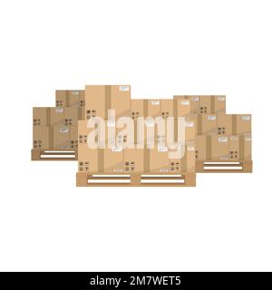 Boxes on wooded pallet. Brown closed carton delivery packaging boxes with fragile signs on wooden pallet Isolated on white background. Vector illustra Stock Vector