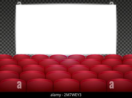 Interior of a cinema movie theatre with white screen. Realistic vector illustration. Copy space. Stock Vector