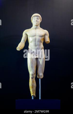 Statue of a young soldier in East Greek marble from the Rupe Atenea. 480 BC - Archaeological Museum 'Pietro Griffo' of Agrigento - Sicily, Italy Stock Photo