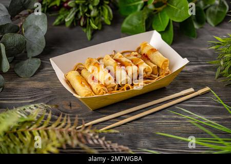 Fried spring rolls with sweet chili sauce Stock Photo
