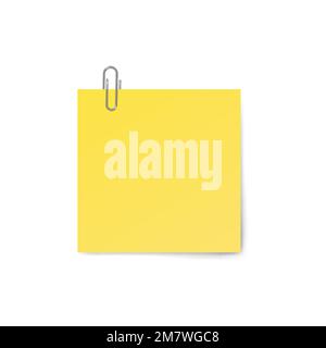 Yellow sticky note with paper clip isolated on white background. Vector illustration. Stock Vector