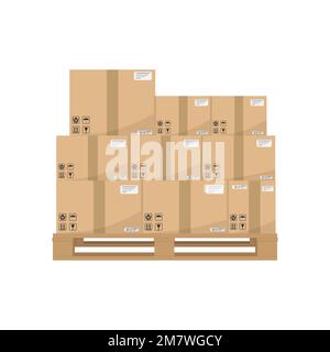 Boxes on wooded pallet. Brown closed carton delivery packaging boxes with fragile signs on wooden pallet Isolated on white background. Vector illustra Stock Vector