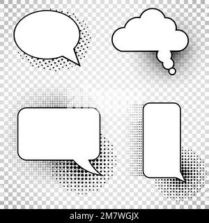 Collection comics speech balloons icons collection on checkered background. Set picture blank template comic text speech chat bubble halftone dot back Stock Vector