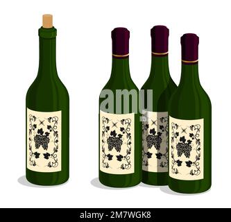 Set of green glass bottles with expensive red wine. Storage and aging of alcoholic products in warehouse, in wine cellar. Cartoon vector isolated on w Stock Vector