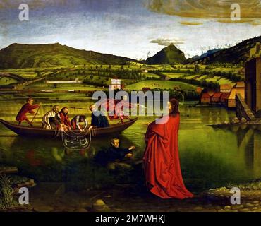 THE MIRACULOUS CATCH 1444 by Konrad Witz 1400-1446  German Germany Miraculous Drought of Fishes (Christ Walking on Water), ca. 1444, oil on wood, Stock Photo