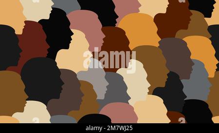 Female beautiful diverse faces, seamless texture. The crowd, a group of girls of different nationalities. Vector illustration for Women's Empowerment Stock Vector