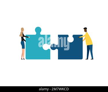 Business concept. Teamwork metaphor. Two businessmen connecting puzzle elements. isolated on white background. Vector illustration. Eps 10. Stock Vector