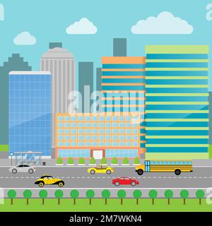 Cityscape flat style. Modern big hight skyscrapers town. Cars on a road in the city. Urban street landscape. Vector illustration. Eps 10. Stock Vector
