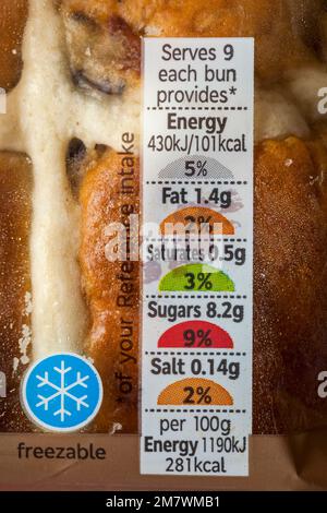 Nutritional information traffic lights system labelling colour coded label on packet of hot cross buns Stock Photo