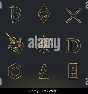 Digital asset icons vector in gold fintech blockchain concept collection Stock Vector