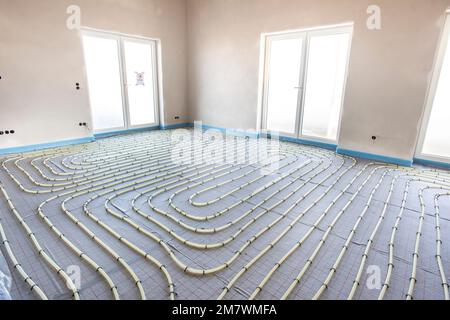 underfloor heating system in construction of new residential house Stock Photo