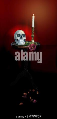 Old side table with skull, candle and dying rose on it with petals fallen on the floor and blood red back ground Stock Photo