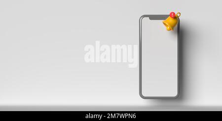 Reminder bell illustration with exclamation warning sign on realistic blank mobile phone screen. 3d render notification alarm, E-mail alert or warning Stock Photo