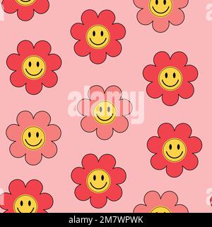 Funny pink retro floral pattern y2k vintage style with smiling emojis. Valentines day and girly pattern concept. Stock Vector