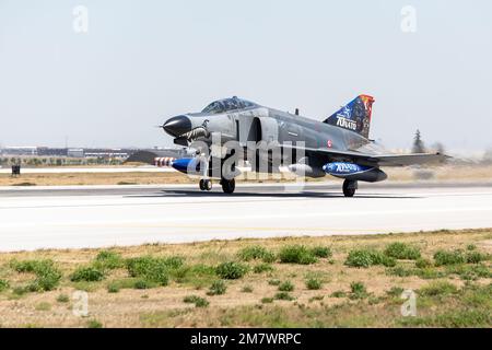 Konya, Turkey - 07 01 2021: Turkish Air Force McDonnel Douglas F-4 E Phantom II fighter jet in take-off position during Anatolian Eagle Air Force Exer Stock Photo