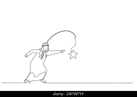 Cartoon of arab businessman running with carrot stick trying to grab star prize award. Metaphor for incentive. One continuous line art style Stock Vector