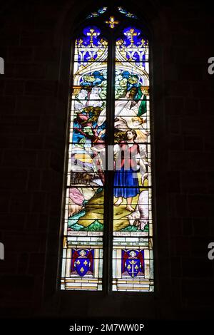Mende (south of France): stained glass window dedicated to Joan of Arc in the Mende Cathedral (“Basilique cathedrale Notre Dame et Saint Privat de Men Stock Photo