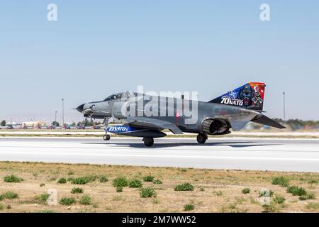 Konya, Turkey - 07 01 2021: Turkish Air Force McDonnel Douglas F-4 E Phantom II fighter jet in take-off position during Anatolian Eagle Air Force Exer Stock Photo