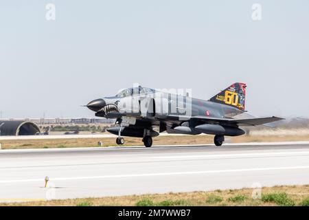 Konya, Turkey - 07 01 2021: Turkish Air Force McDonnel Douglas F-4 E Phantom II fighter jet in take-off position during Anatolian Eagle Air Force Exer Stock Photo