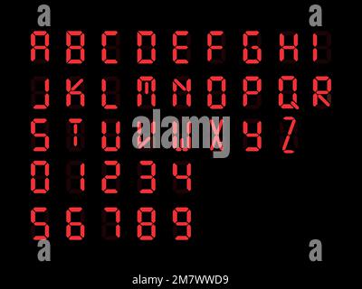 Digital font. Alarm clock letters and number isolated on black background. Vector illustration. Eps 10. Stock Vector