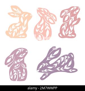 Vector set of decorated rabbits in various poses. Folk art hares in pastel colors isolated from background. Ornamental animals for logos, icons Stock Vector