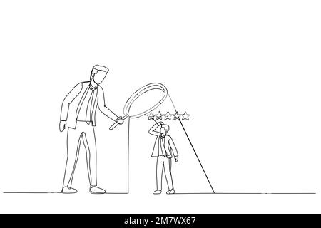 Illustration of businessman manager use magnifier to analyze employee with 5 stars rating. Metaphor for employee performance evaluation. Single line a Stock Vector