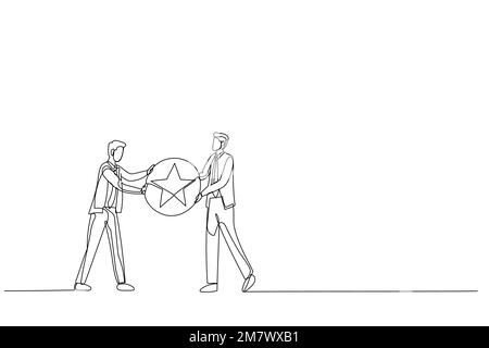 Drawing of businessman boss giving golden star badge to winning employee. Metaphor for recognition. Single continuous line art style Stock Vector