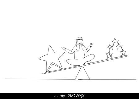 Drawing of businessman sit on scales comparing quality vs quantity ...