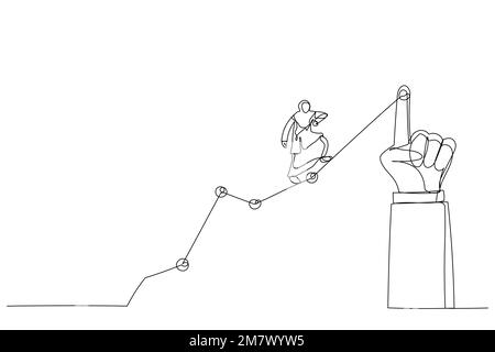 Cartoon of muslim businesswoman running uphill on a line graphic pointed by a giant hand. One line art style Stock Vector