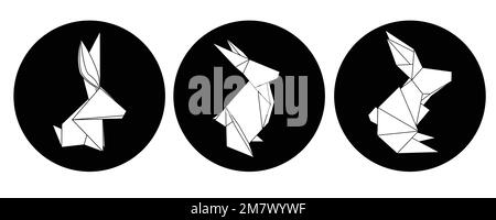 Set of vector badge with contour origami rabbits. Circles with polygonal outline hares isolated from background. Symbol of Chinese of New year. Paper Stock Vector