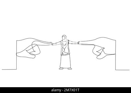 Cartoon of muslim businesswoman resisting pressure from two pointing giant hand. One line style art Stock Vector