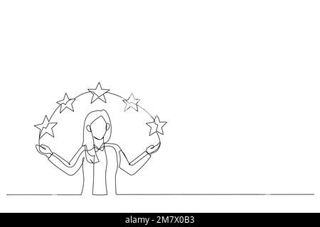 Drawing of businesswoman points to the stars. Metaphor for good customer review. Single line art style Stock Vector